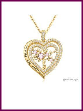 14K Gold Tree of Life Heart Necklace Women Birthstone Pendant